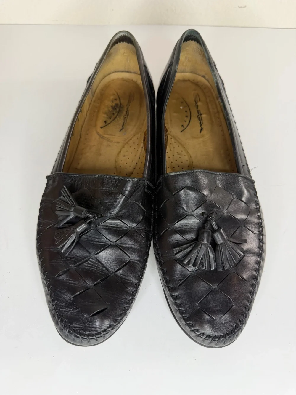Santoni Black Woven Leather Tassel Loafers Men’s 9D  Made in Italy Handcrafted